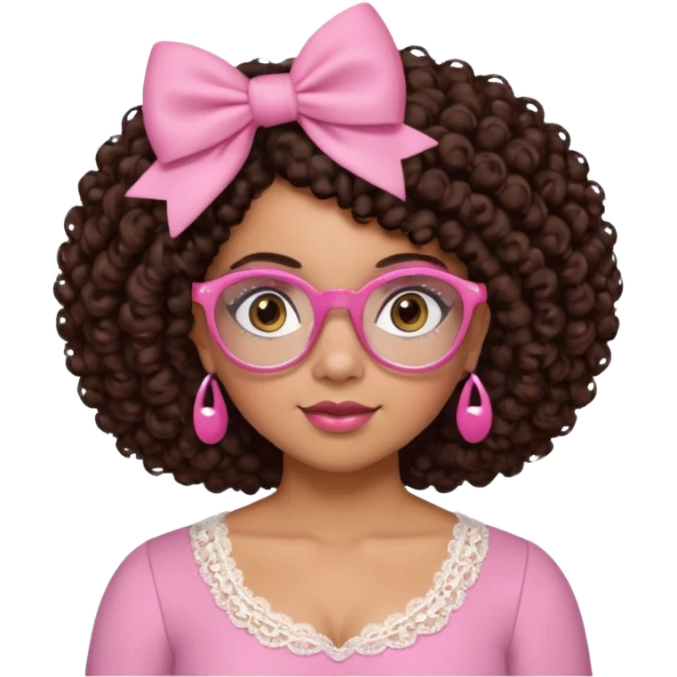medium-light kinned afro-latina girl with medium length chocolate brown side part curly hair, small pink bow, brown glasses, brown eyes, pink and white sweetheart necklined top with lace, round wide-ish nose, chubby oblong face emoji