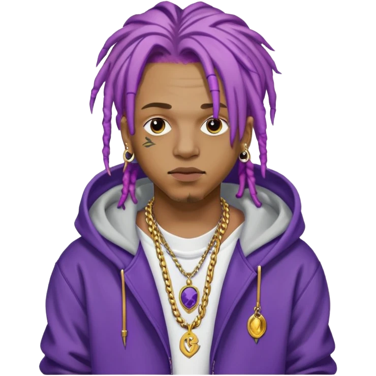 Juice WRLD with purple dreadlocks, 999 tattoo, gold chain, and hoodie emoji