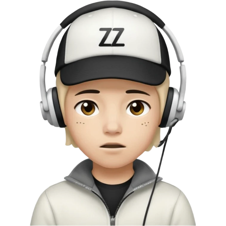 Adolescente com fone branco no ouvido é um boné preto, com uma carinha de sono e uns z z z emoji