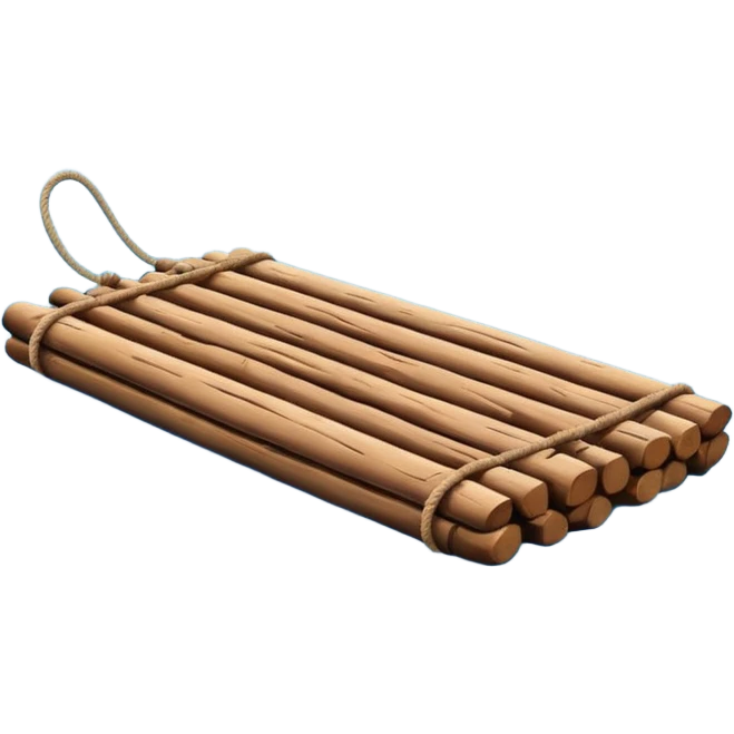 showing a simple wooden raft floating on calm blue water — made of several brown logs tied together with rope — gentle ripples around it — bright, cheerful lighting and soft shadows — minimalist, clean emoji design emoji
