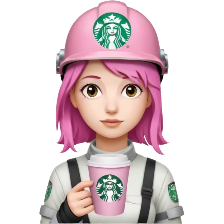 сделай молодую девушку с розовыми волосами, накрашенную красиво, с стаканчиком кофе из старбакса и в каске без эмблемы emoji