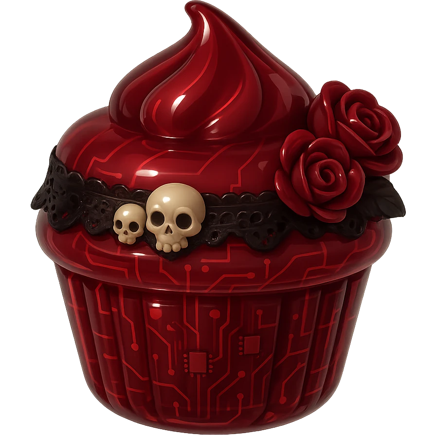 Gothic cupcake in glossy circuit style, burgundy color, with gothic decorations such as black lace, tiny skulls, and dark roses, no background emoji