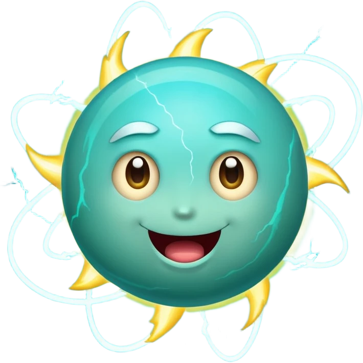 Uranus planet emoji in Apple-style, blue-green color with visible rings, big playful fun excited face, bursting with electric chaotic unexpected energy, large bold lightning bolt, highly expressive features emoji