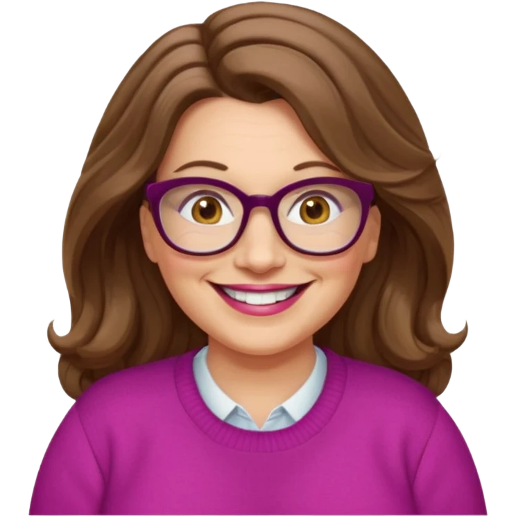 50 yr Caucasian woman, long brown hair parted on side, brown eyes, glasses, big smile, white teeth, fuscia sweater, chubby, wavy hair emoji