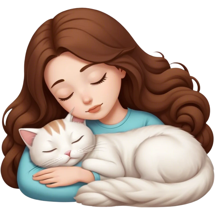 A pretty white girl with very long brown hair and sleeping curled up to a white cat  emoji