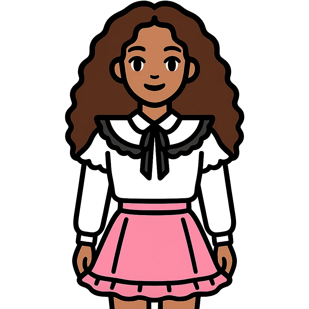 Make the girl with longer curly brown hair, keeping her light skin, brown eyes, white blouse with ruffles, and pink skirt with ruffles, no background. emoji