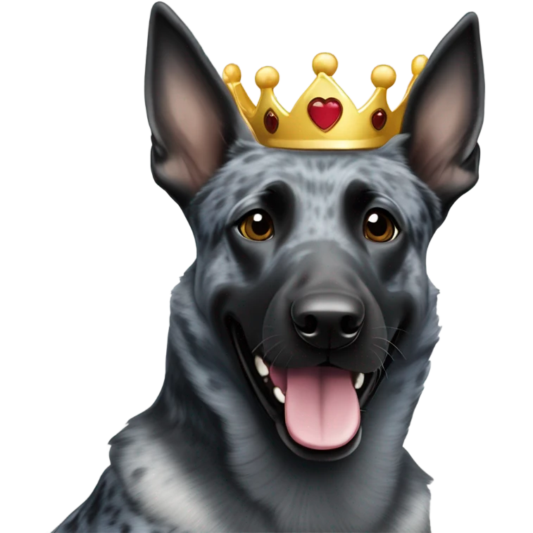 A smiling malinois dark blue merle color, without red and white color with a crown on his head emoji