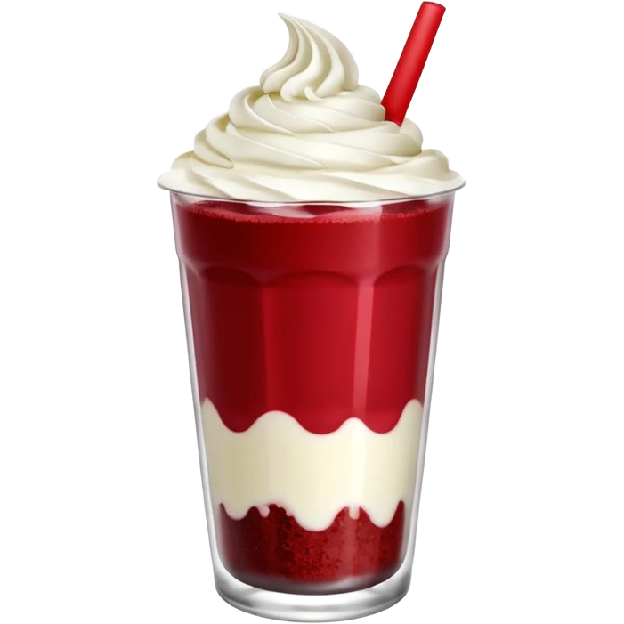 crea una bebida de red velvet con bolitas de yogurt como topping en vaso de plastico con popote, el topping no es crema, son poppings de yogurt emoji