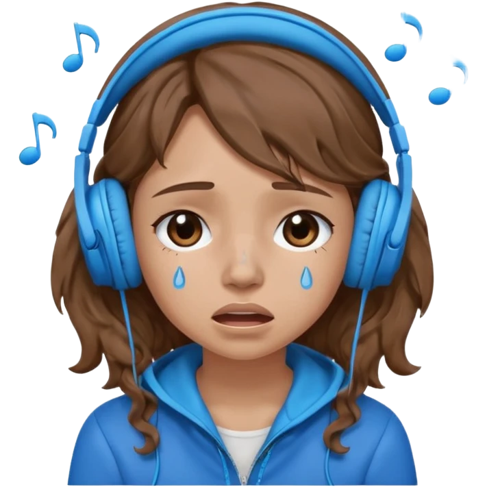 A crying girl with wavy hair listening to music with blue headphones emoji
