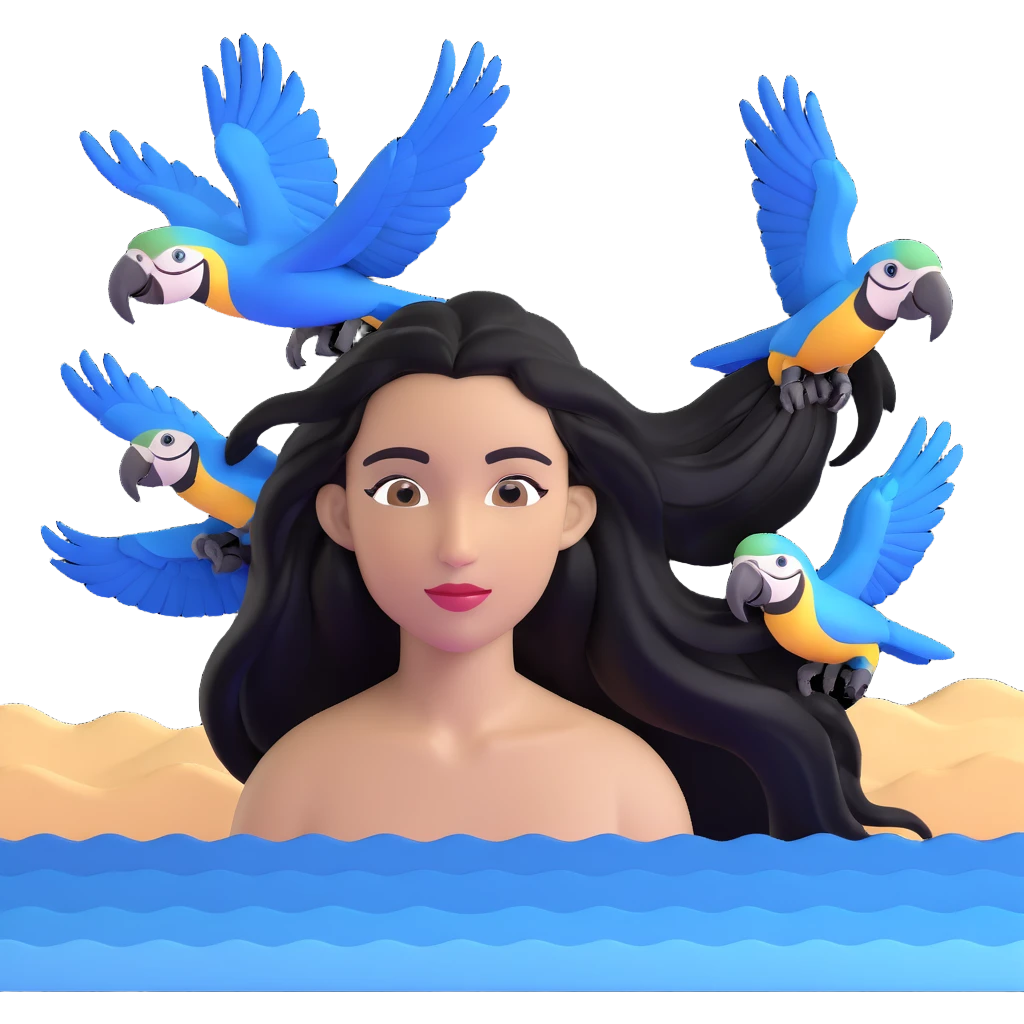 close-up of a woman's face with long black hair, light brown skin, blue macaws flying around her head, and the arches of Atalaia Beach (Aracaju-SE) subtly in the background emoji