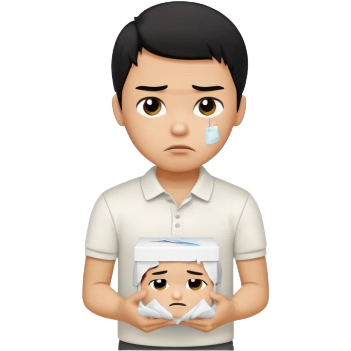 generate a pretty bratz boy with black hair, wearing a white polo shirt. Looking sad, holding a box of tissues emoji