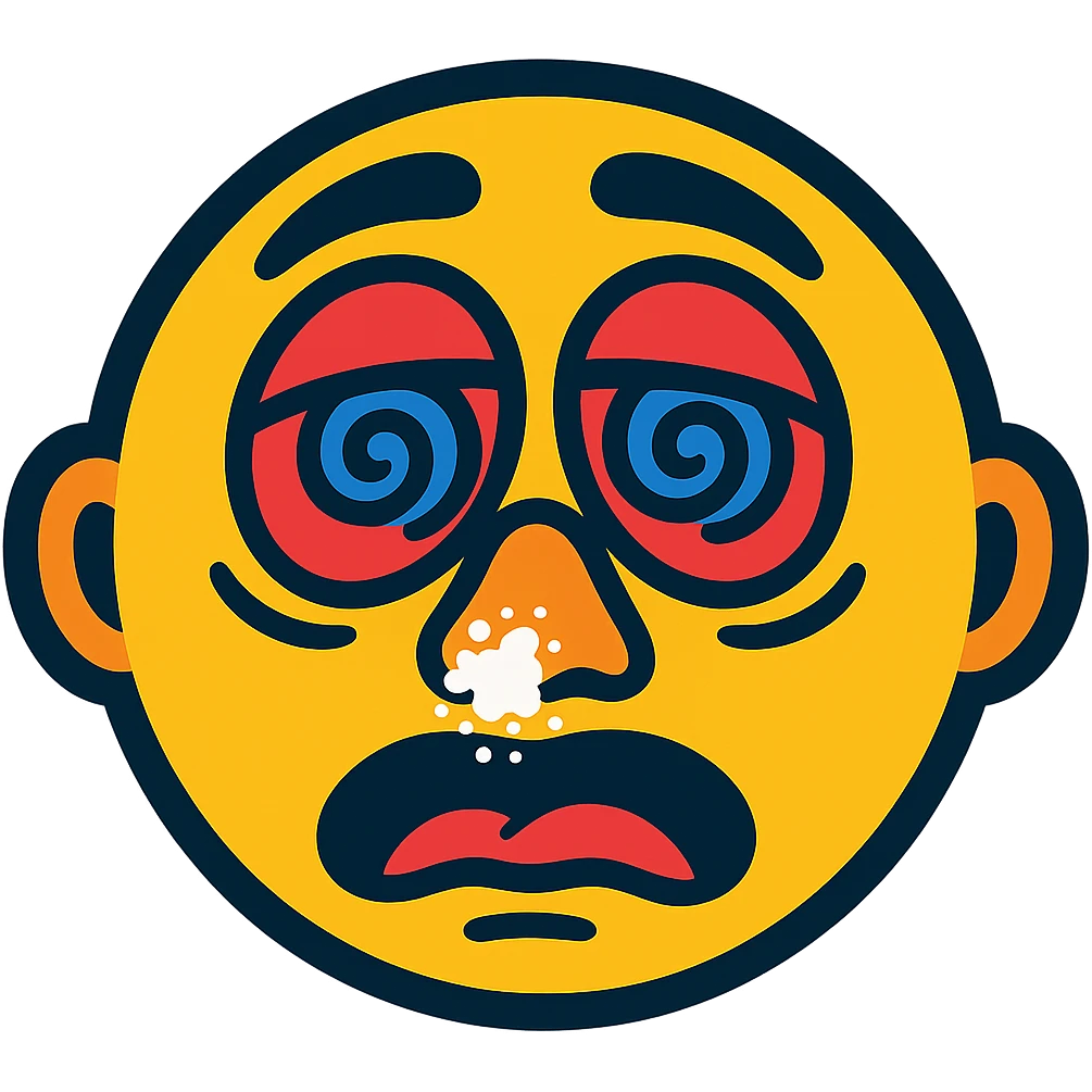 woozy cartoon face with white powder on nose, subtle reference to cocaine, vibrant toon style emoji