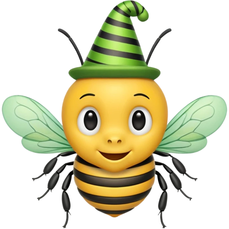 Bees with green Birthday Hat, Happy bee with striped party hat emoji