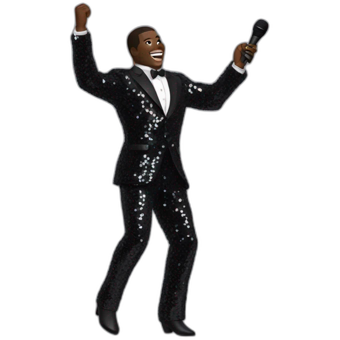 sam richardson in a black sequin suit holding a microphone singing full body dancing emoji
