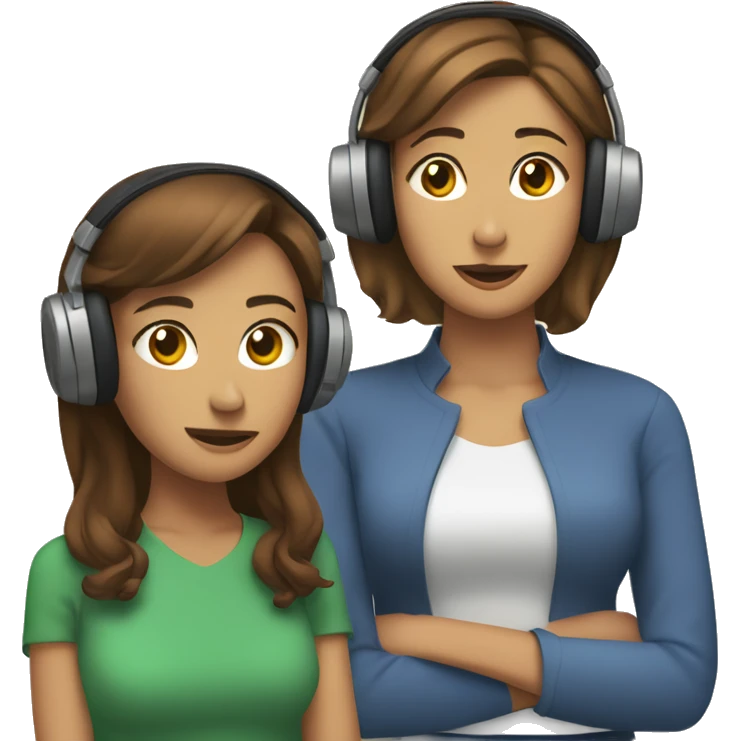 woman with brown, short hair wearing wired headphones sitting next to a woman with long brown hair resting her head on the other woman’s shoulder emoji