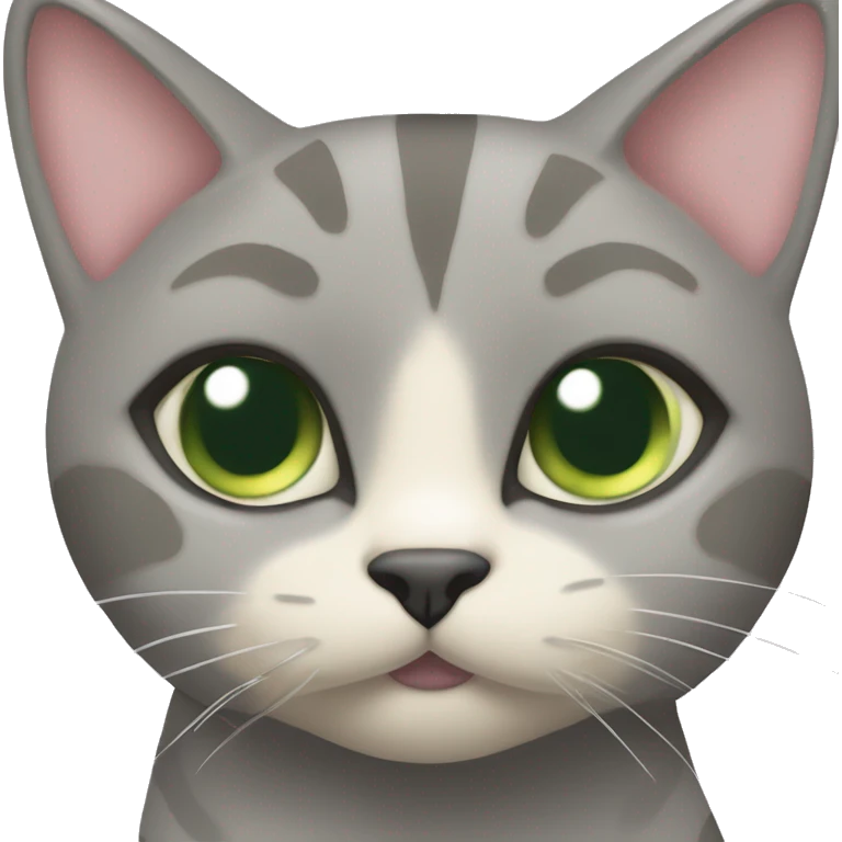 All grey and tan cat with cream pattern on her forehead. Green eyes and pink nose emoji