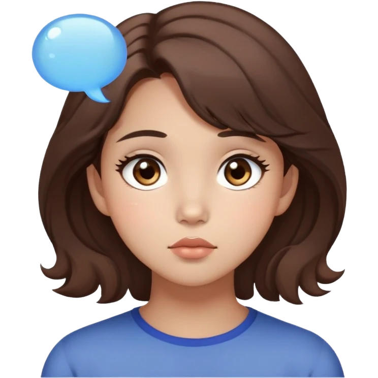 A brunnete haired girl with light skin and brown eyes and Korean soft makeup with a thinking bubble emoji