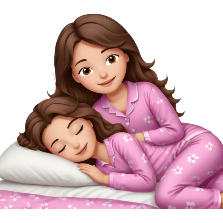 Brunette girl with long wavy brown hair with brown eyes and sleeping on a withe bed with cute pink pjs emoji