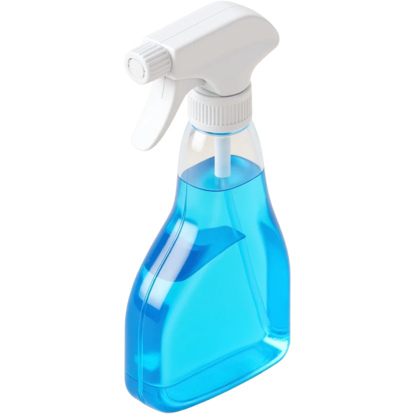 skeuomorphic 3D window cleaning spray bottle, realistic details, shiny plastic, clear trigger, blue liquid inside emoji