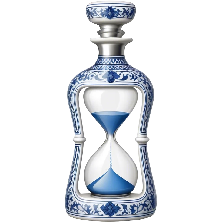 blue and white, intricate, porcelain, hourglass shaped tequila bottle with silver half circle top emoji