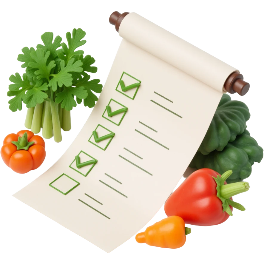 floating rolled paper list with green checkboxes and around vegetables emoji