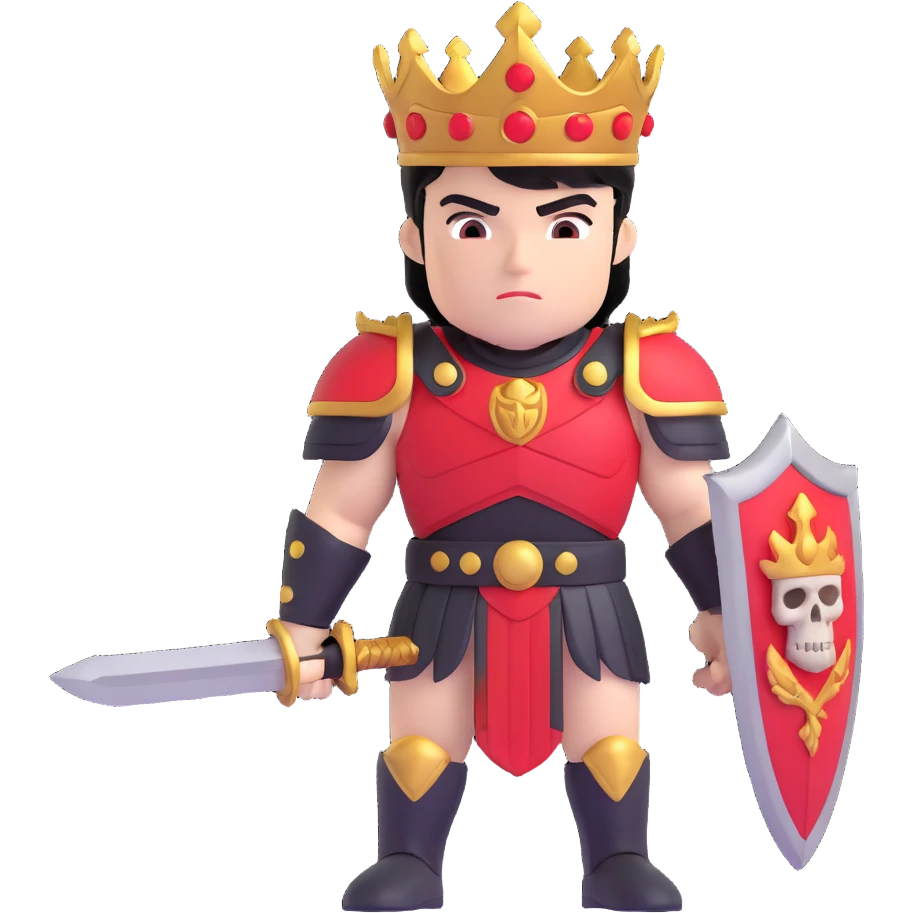 Muscular hero wearing black and red Greek armor with a skull shoulder pad and laurel crown. The hero has black hair with red and gold highlights, holding a red sword, standing confidently before a throne decorated with skulls and glowing yellow light. emoji