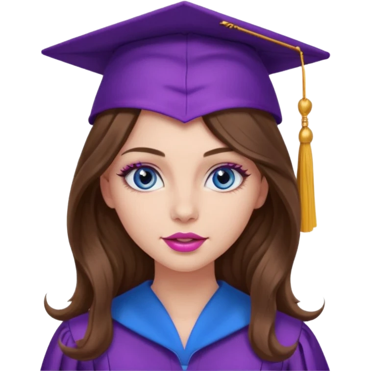 girl with very long wavy brown hair, blue eyes, long lashes makeup, sexy pink lips, wearing a purple graduation cap and gown emoji
