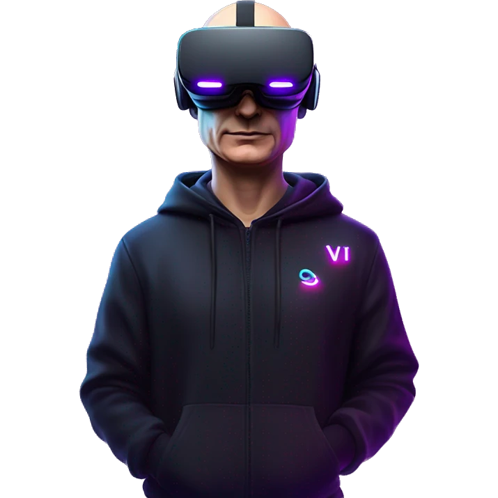Putin wearing a black hoodie with "OMG" letters on it and VR headset oculus quest 2 in a cyberpunk VR environment with violet neon lighting. emoji