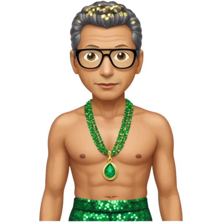 Jeff Goldblum with green sequin baggy pants, shirtless with necklace emoji