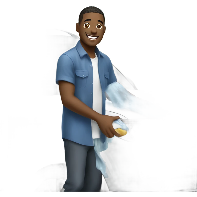 Happy guy washing a white suv￼ emoji