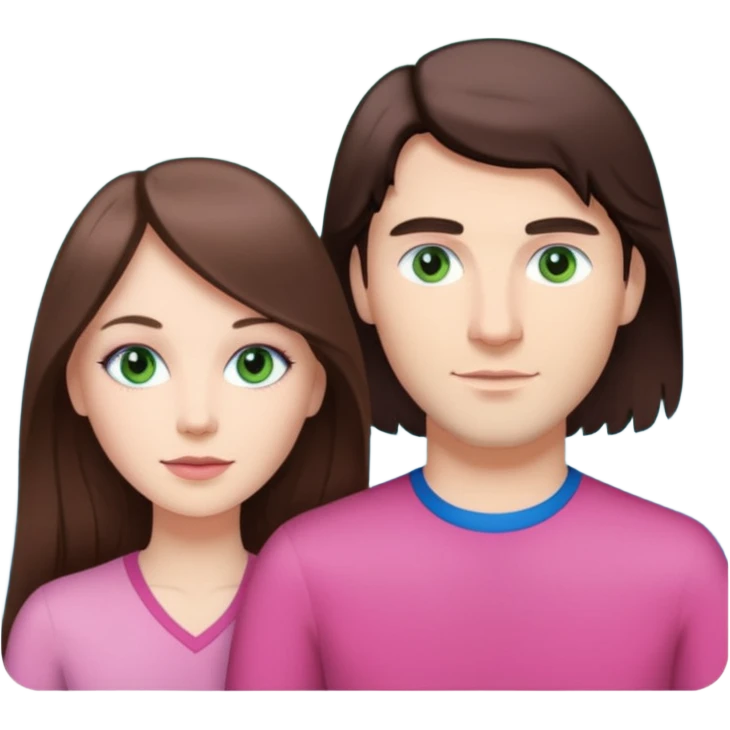 pink polaroid photo of a couple thats white with long brunette hair blue eyes and a white guy with short brunette hair and green eyes emoji