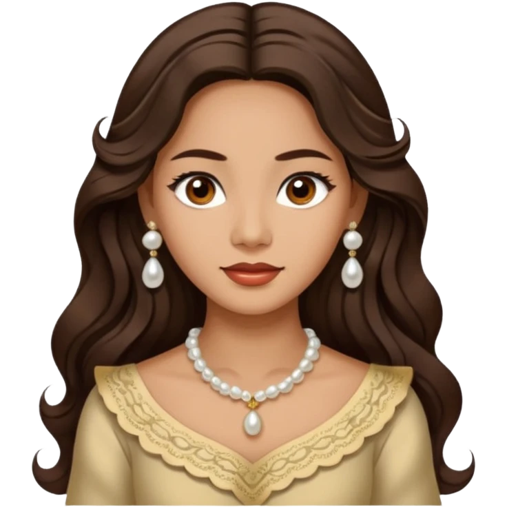 Tan Filipino woman with dark brown eyes and long dark wavy hair parted in the middle wearing a traditional filipiniana and white pearl stud earrings and no other jewelry emoji