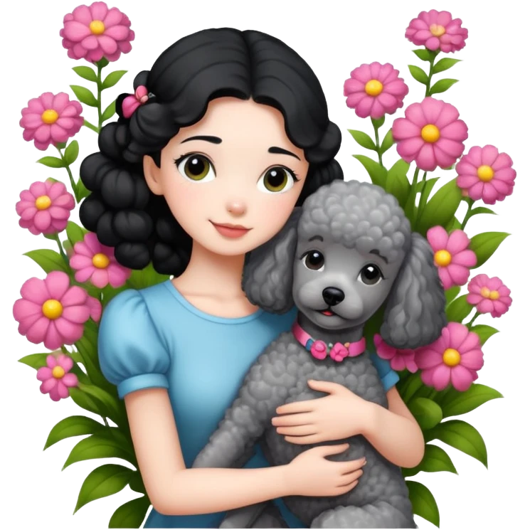 A beautiful girl with black ponytail and short sleeves happily hugs a gray poodle in the flowers emoji