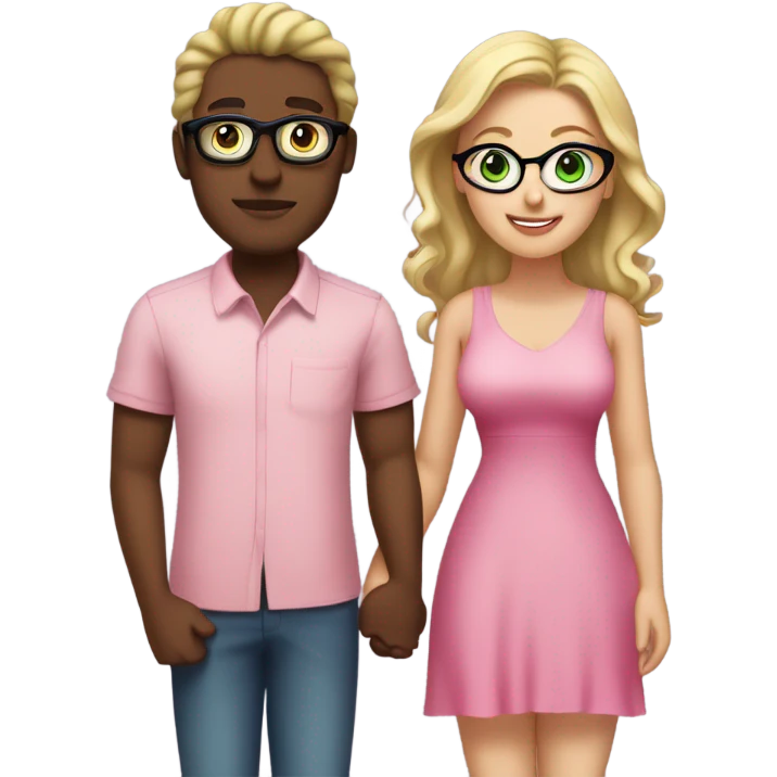 Curvy woman not wearing glasses with long blonde hair and green eyes wearing a pink dress and holding hands with a brown man with short curly black hair and glasses emoji