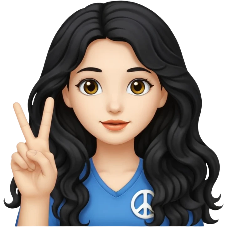 girl with long black wavy hair holding up a peace sign emoji
