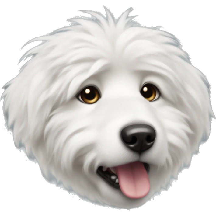 white fluffy dog with one ear up and one ear down, tongue out emoji