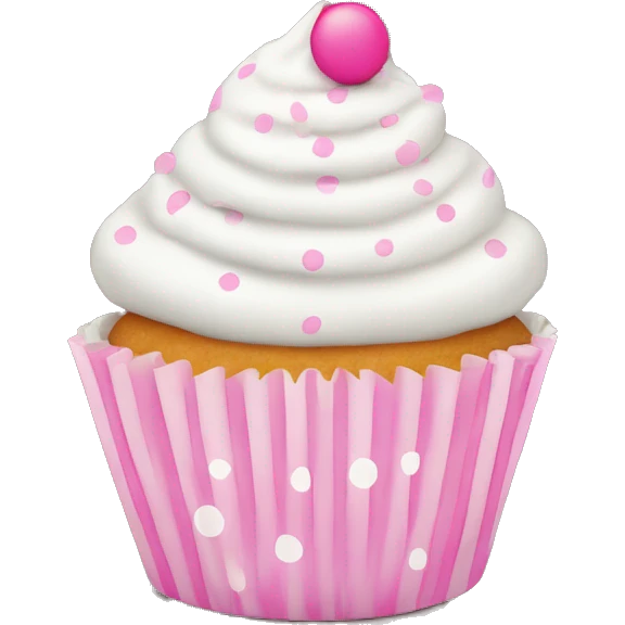 White frosted cupcake with pink polka dot cup liner emoji