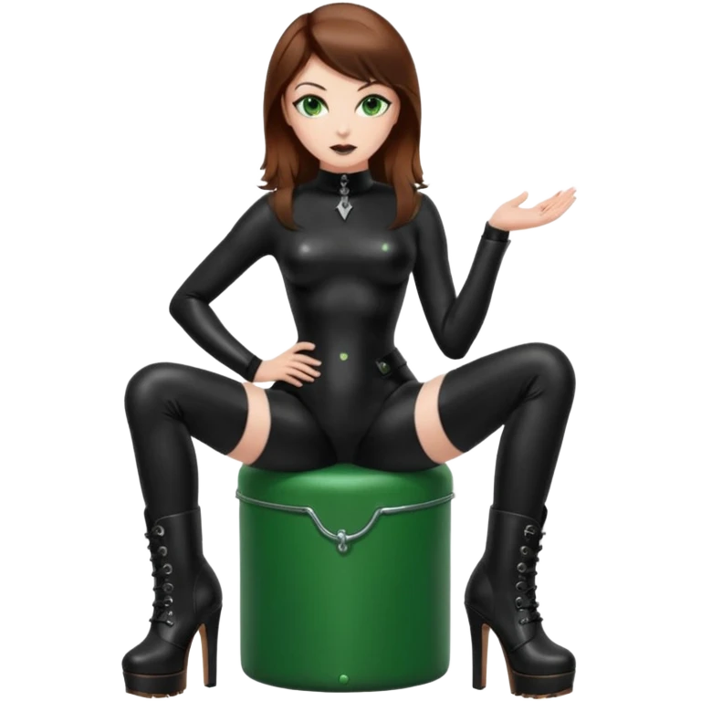 Create Dominatrix in black latex clothes,green eyes,brown hair and platform boots emoji