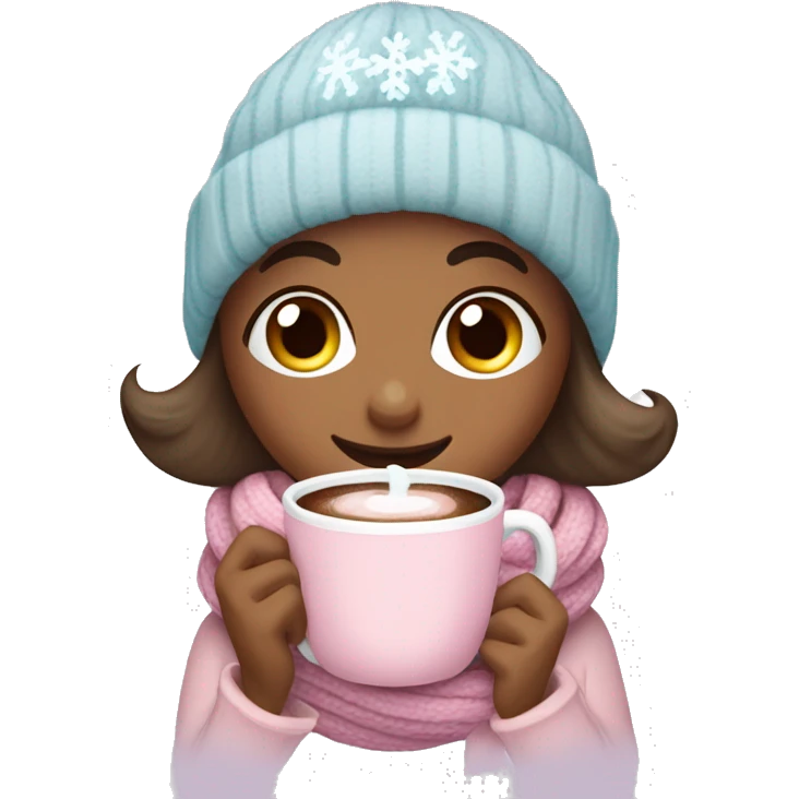 Create a cozy, feminine winter-themed emoji with pastel colors like pink and light blue. Include elements like a hot chocolate cup, scarf, sweater, and snowflakes, giving a warm, inviting winter vibe. emoji