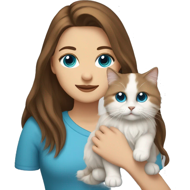Woman with brown long hair, a beard and blue eyes holding a white Siberian cat emoji