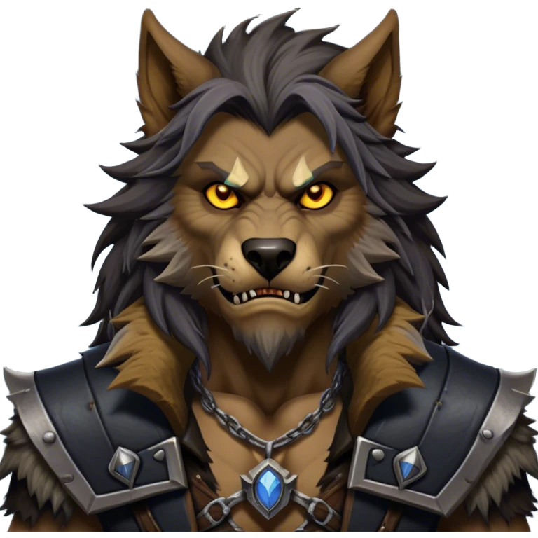 Cinematic Realistic WoW Worgen Portrait, depicted as a fearsome blend of man and beast, with rugged, dark fur intermingling with tanned, weathered skin. His piercing amber eyes and fierce expression are framed by disheveled hair and subtly detailed, worn leather attire in dark, consistent hues. Rendered with lifelike texture and dramatic, natural lighting, high shine, noble and formidable, capturing the primal nobility of a legendary worgen warrior. emoji