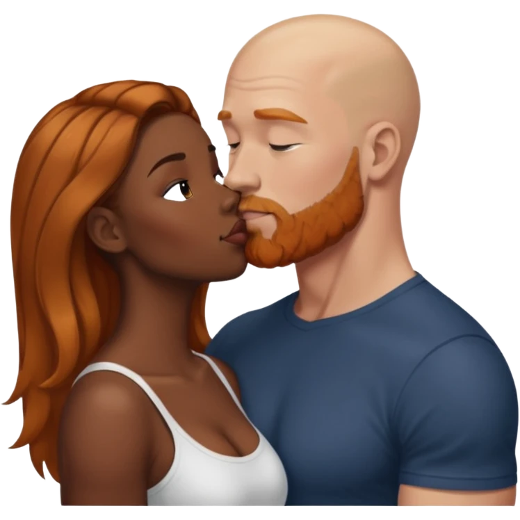 Dark black women with balayage hair kissing muscular white bald man with ginger beard emoji
