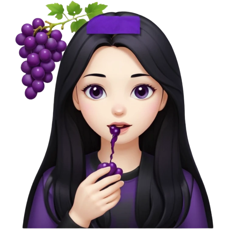 girl with long black hair, black clother with eating disorder purple food emoji