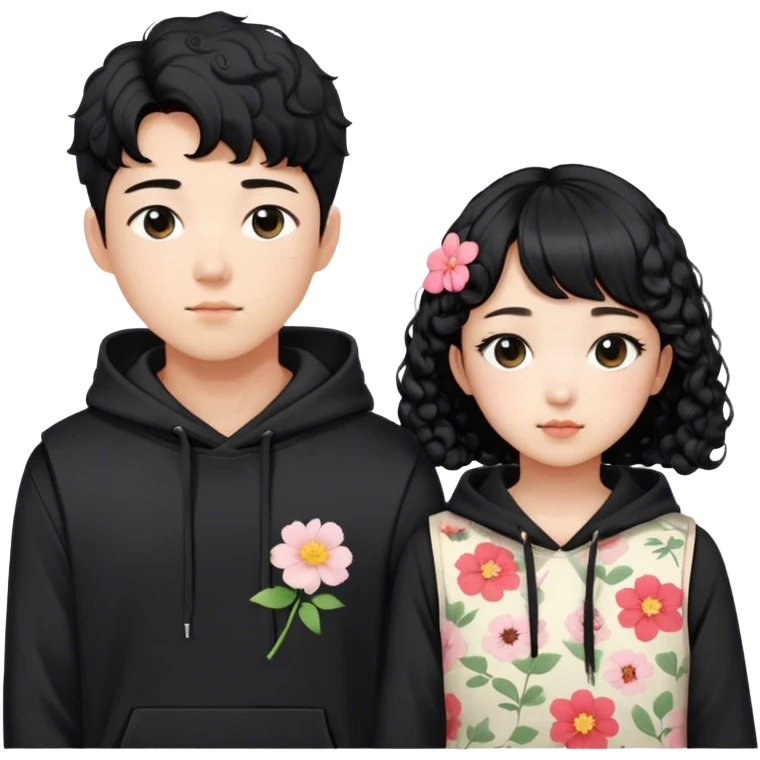 Korean young couple boy is wearing black hoodie with black short hair cut general korean style and girl is wearing flower pattern sleeveless top with black long curly hair with bang emoji