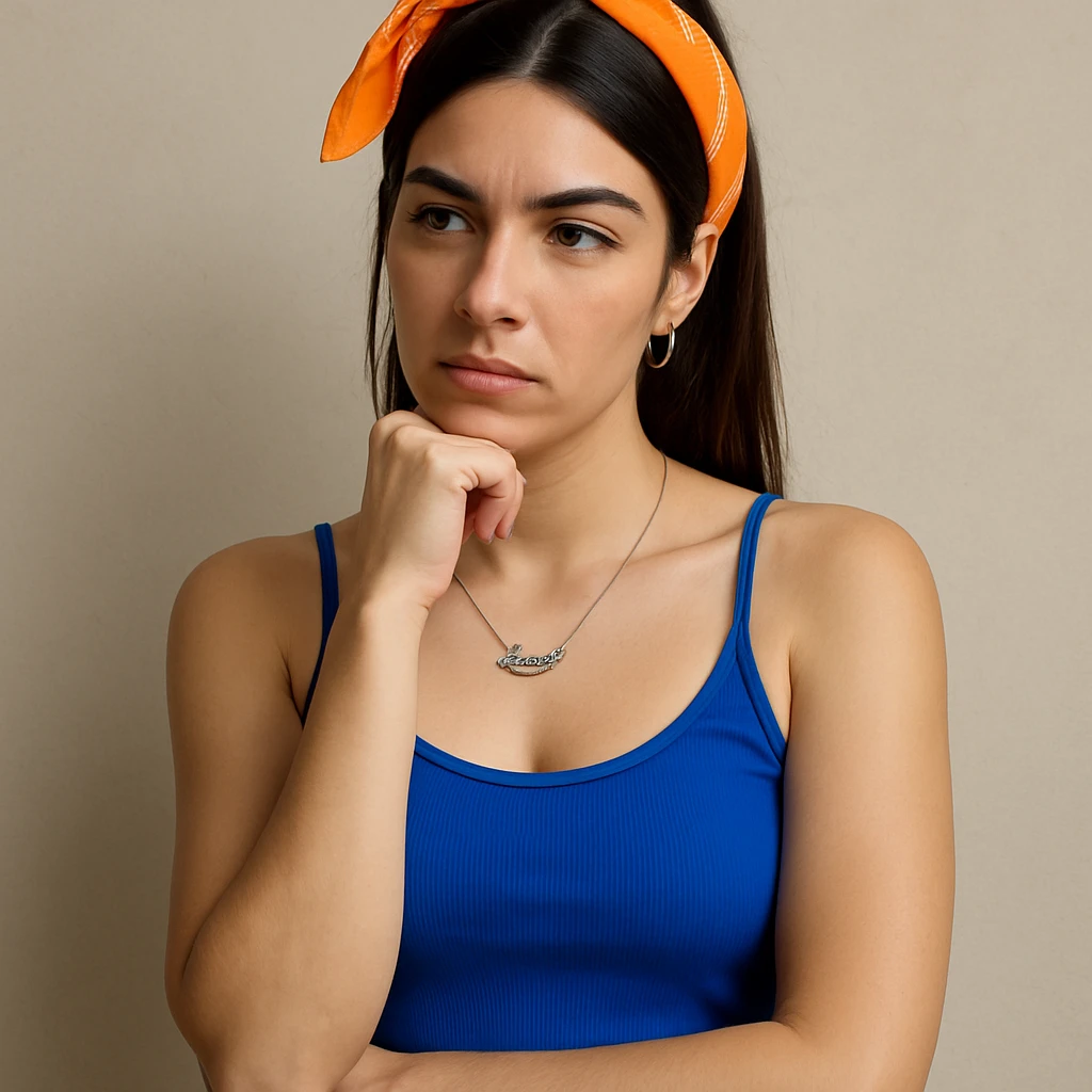 Create a hyperrealistic 4K image of a thoughtful woman, almost full figure, with her hand under her chin, inspired by the reference image. She has a reflective expression and a neutral background. This is variant 3 with a slightly changed body position. emoji