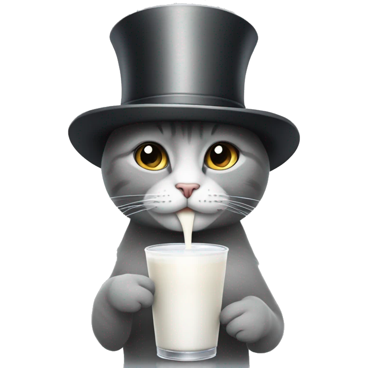 cute grey carton cat drinking a carton of milk and wearing a top hat emoji