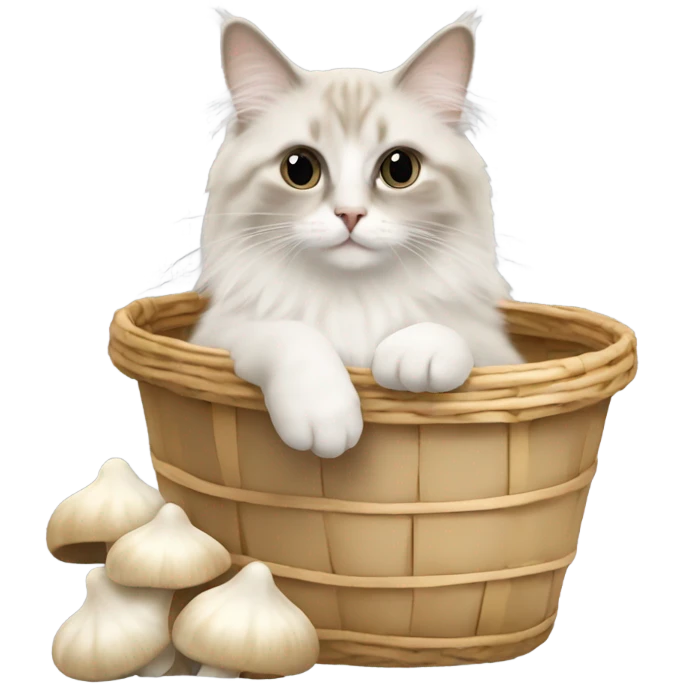 Beige Ragdoll cat with a basket of white mushrooms  emoji