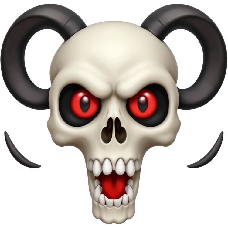 stylized skull with dramatic black ram horns, bright red eyes, big open mouth, playful, eye-catching emoji