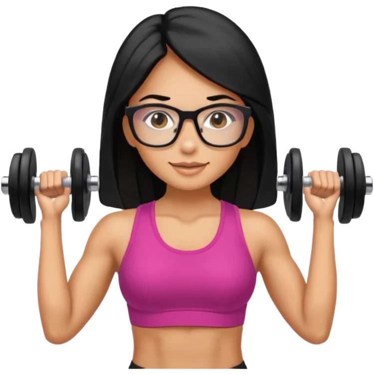 Mujer fitness usando mancuernas con lentes de marco delgado y cabello largo negro emoji