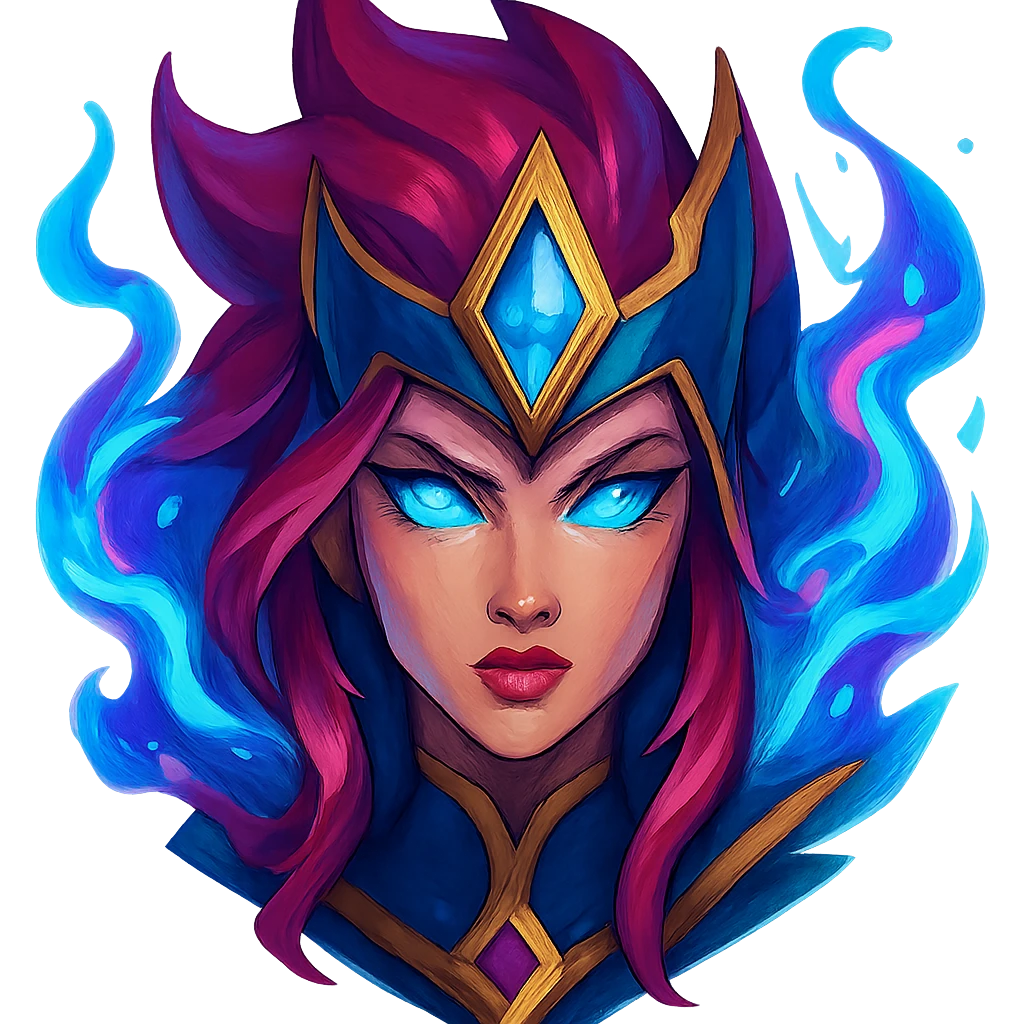 headshot of a League of Legends champion face, different gender, magical elements, bold colors emoji